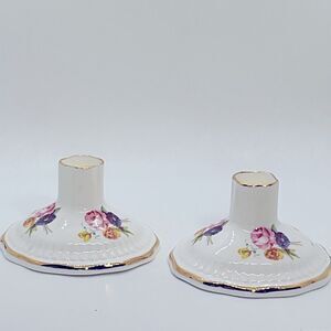 Vintage Royal Adderly Floral Porcelain Candle Holders with Gold Trim